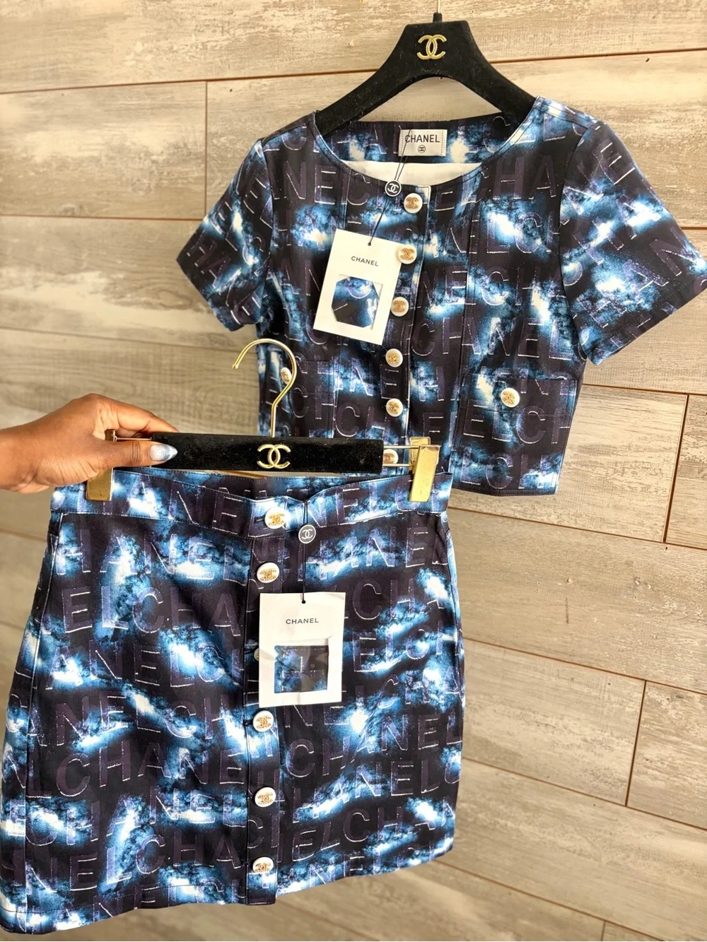 CC Graphic Cropped Logo Button Jacket w/ matching skirt set